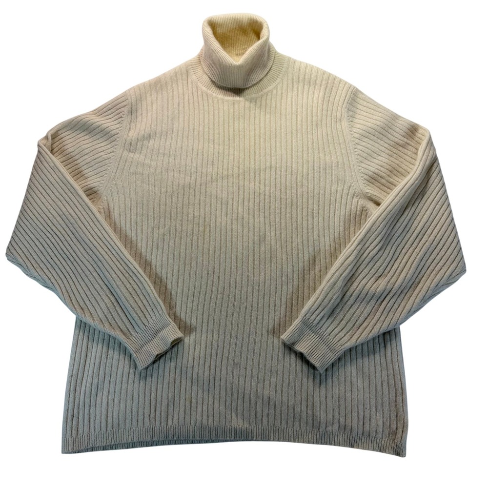 Eddie Bauer 100% L Cashmere Turtleneck Sweater Ribbed Knit Cream Fishermans